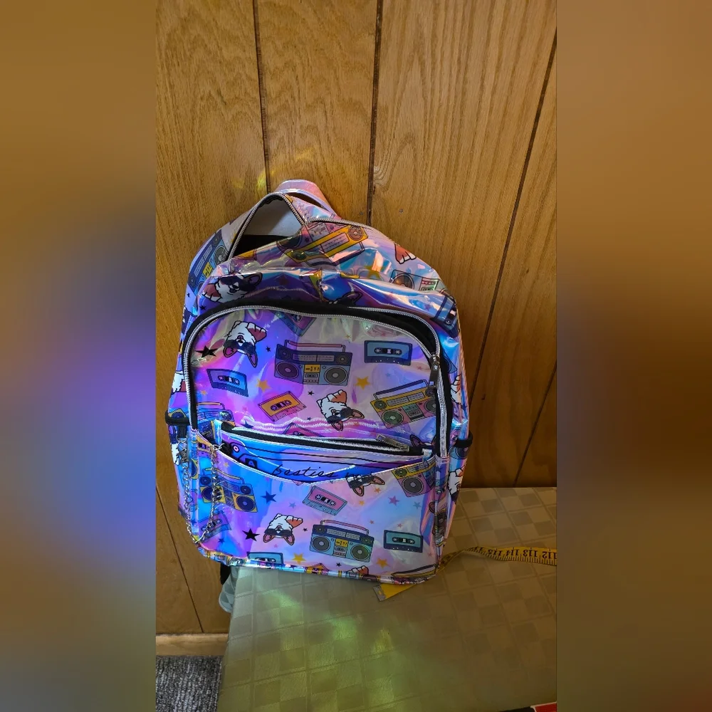 Holographic Dog & Boombox Backpack Detachable Pouch New Gift School Kids Learn